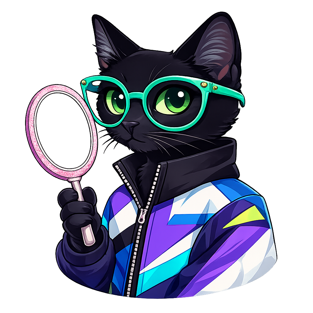 Mira’s illustrated black cat stylist persona wearing aqua glasses and a colourful jacket